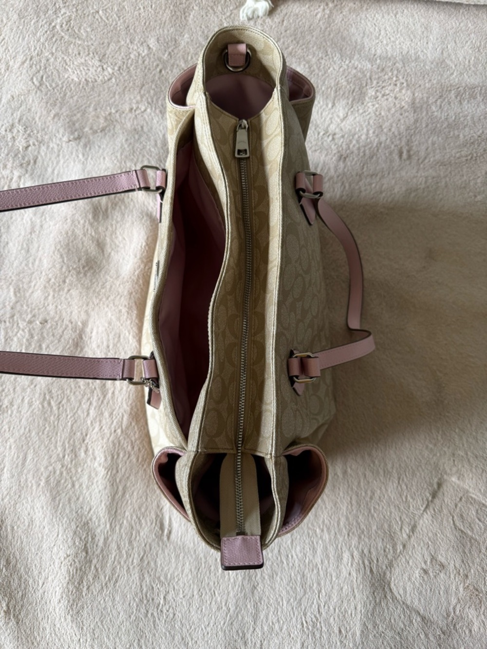 Coach Beige Signature Tote with Pink Leather Handles - Picture 4 of 4